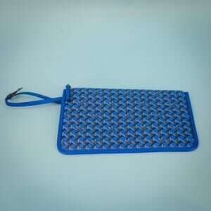 Tory Burch Blue Basketweave Logo Geometric Print Zip Top Leather Wristlet Clutch